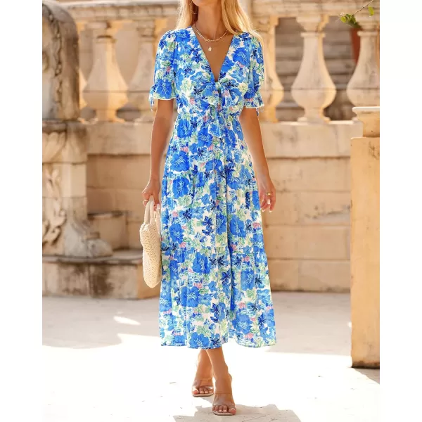 BTFBM Womens 2024 Summer Boho Dress Tie Front Deep V Neck Cutout Short Sleeve Floral Casual Party Beach Maxi DressesBig Floral White Blue