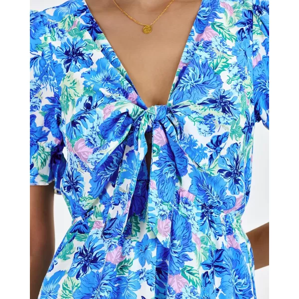 BTFBM Womens 2024 Summer Boho Dress Tie Front Deep V Neck Cutout Short Sleeve Floral Casual Party Beach Maxi DressesBig Floral White Blue