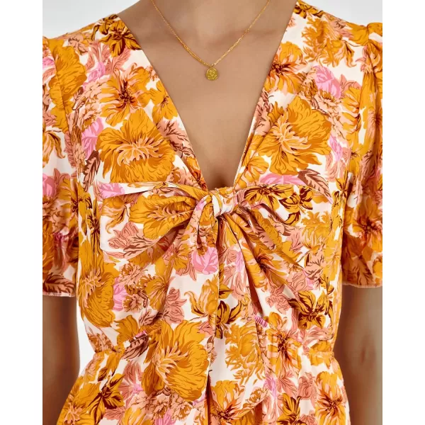 BTFBM Womens 2024 Summer Boho Dress Tie Front Deep V Neck Cutout Short Sleeve Floral Casual Party Beach Maxi DressesBig Floral White Yellow