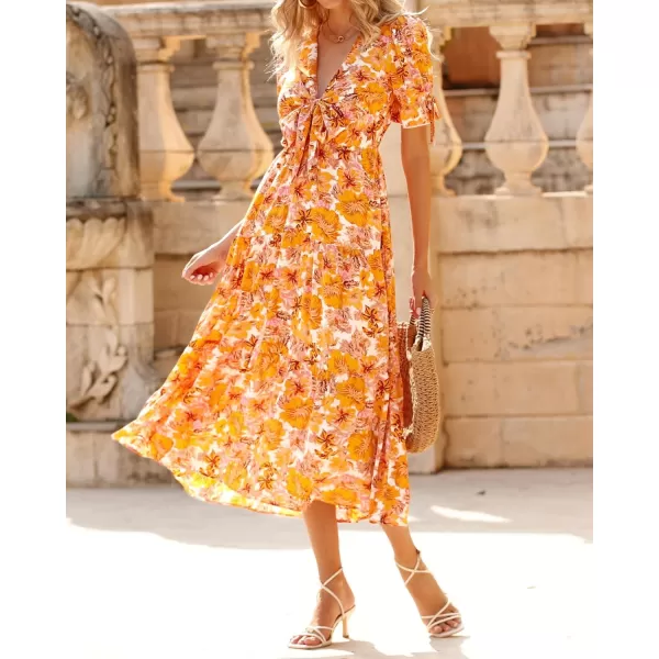 BTFBM Womens 2024 Summer Boho Dress Tie Front Deep V Neck Cutout Short Sleeve Floral Casual Party Beach Maxi DressesBig Floral White Yellow