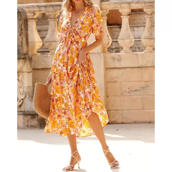 BTFBM Womens 2024 Summer Boho Dress Tie Front Deep V Neck Cutout Short Sleeve Floral Casual Party Beach Maxi DressesBig Floral White Yellow