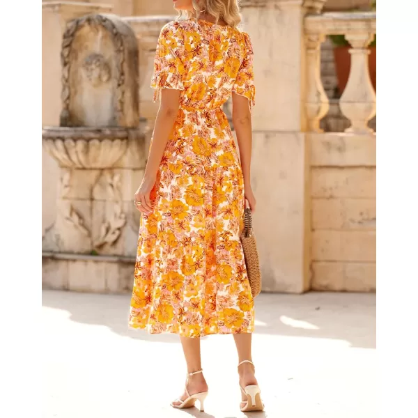 BTFBM Womens 2024 Summer Boho Dress Tie Front Deep V Neck Cutout Short Sleeve Floral Casual Party Beach Maxi DressesBig Floral White Yellow