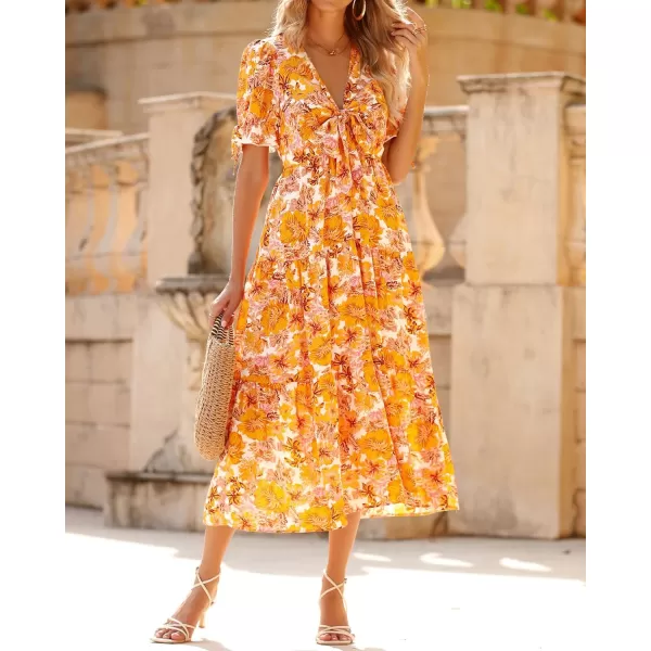 BTFBM Womens 2024 Summer Boho Dress Tie Front Deep V Neck Cutout Short Sleeve Floral Casual Party Beach Maxi DressesBig Floral White Yellow