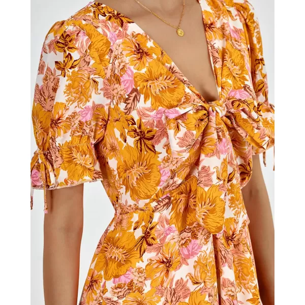 BTFBM Womens 2024 Summer Boho Dress Tie Front Deep V Neck Cutout Short Sleeve Floral Casual Party Beach Maxi DressesBig Floral White Yellow
