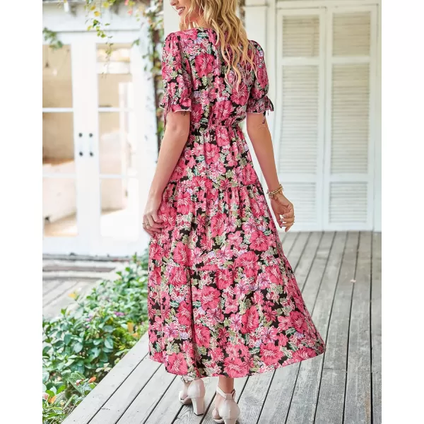 BTFBM Womens 2024 Summer Boho Dress Tie Front Deep V Neck Cutout Short Sleeve Floral Casual Party Beach Maxi DressesFloral Black Red