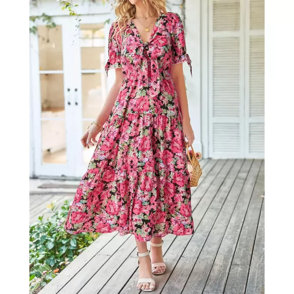 BTFBM Womens 2024 Summer Boho Dress Tie Front Deep V Neck Cutout Short Sleeve Floral Casual Party Beach Maxi DressesFloral Black Red