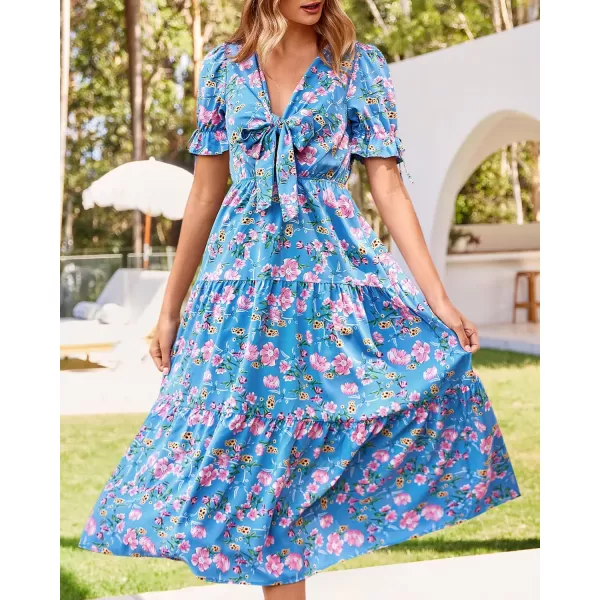 BTFBM Womens 2024 Summer Boho Dress Tie Front Deep V Neck Cutout Short Sleeve Floral Casual Party Beach Maxi DressesFloral Blue Pink