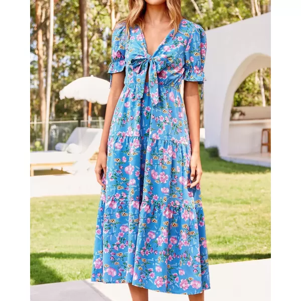 BTFBM Womens 2024 Summer Boho Dress Tie Front Deep V Neck Cutout Short Sleeve Floral Casual Party Beach Maxi DressesFloral Blue Pink