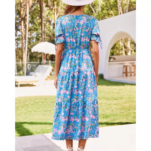 BTFBM Womens 2024 Summer Boho Dress Tie Front Deep V Neck Cutout Short Sleeve Floral Casual Party Beach Maxi DressesFloral Blue Pink