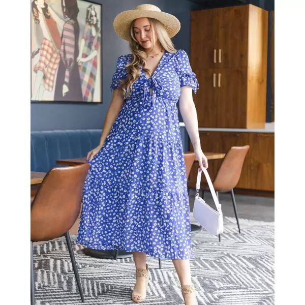 BTFBM Womens 2024 Summer Boho Dress Tie Front Deep V Neck Cutout Short Sleeve Floral Casual Party Beach Maxi DressesFloral Blue White