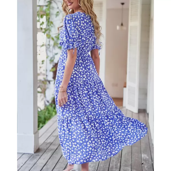 BTFBM Womens 2024 Summer Boho Dress Tie Front Deep V Neck Cutout Short Sleeve Floral Casual Party Beach Maxi DressesFloral Blue White