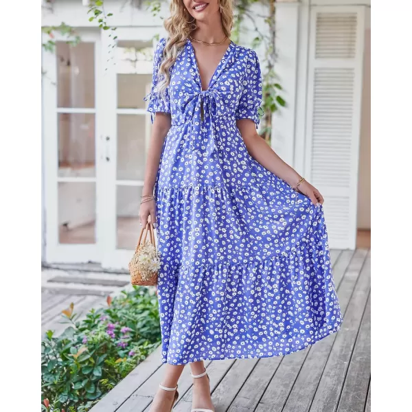 BTFBM Womens 2024 Summer Boho Dress Tie Front Deep V Neck Cutout Short Sleeve Floral Casual Party Beach Maxi DressesFloral Blue White