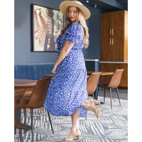 BTFBM Womens 2024 Summer Boho Dress Tie Front Deep V Neck Cutout Short Sleeve Floral Casual Party Beach Maxi DressesFloral Blue White
