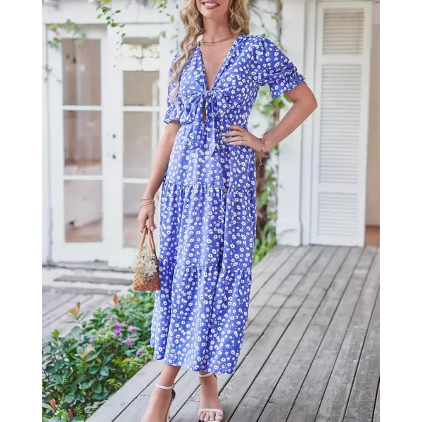 BTFBM Womens 2024 Summer Boho Dress Tie Front Deep V Neck Cutout Short Sleeve Floral Casual Party Beach Maxi DressesFloral Blue White
