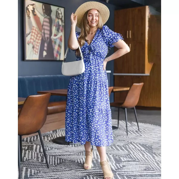 BTFBM Womens 2024 Summer Boho Dress Tie Front Deep V Neck Cutout Short Sleeve Floral Casual Party Beach Maxi DressesFloral Blue White