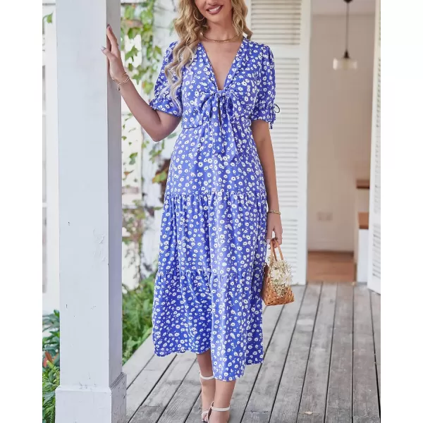 BTFBM Womens 2024 Summer Boho Dress Tie Front Deep V Neck Cutout Short Sleeve Floral Casual Party Beach Maxi DressesFloral Blue White