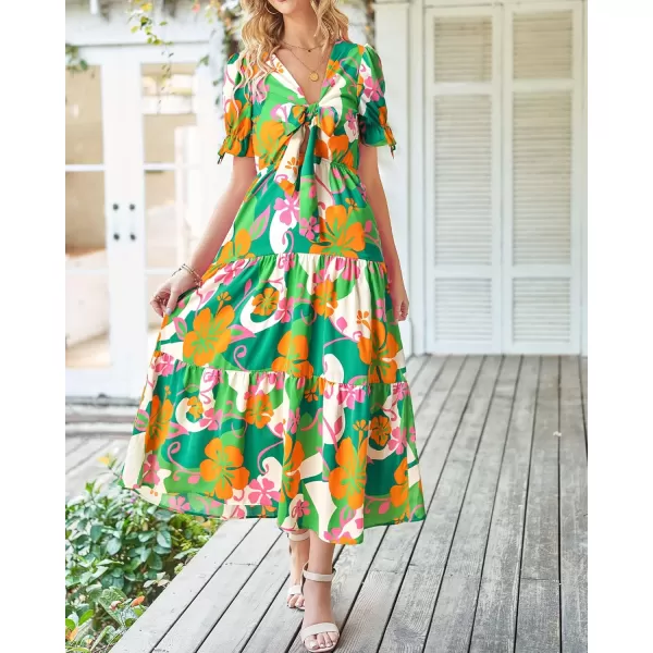 BTFBM Womens 2024 Summer Boho Dress Tie Front Deep V Neck Cutout Short Sleeve Floral Casual Party Beach Maxi DressesFloral Green