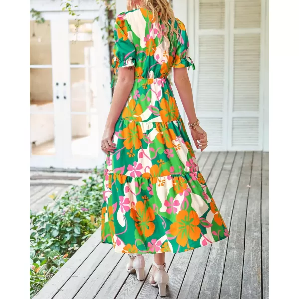 BTFBM Womens 2024 Summer Boho Dress Tie Front Deep V Neck Cutout Short Sleeve Floral Casual Party Beach Maxi DressesFloral Green