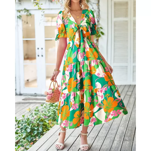 BTFBM Womens 2024 Summer Boho Dress Tie Front Deep V Neck Cutout Short Sleeve Floral Casual Party Beach Maxi DressesFloral Green