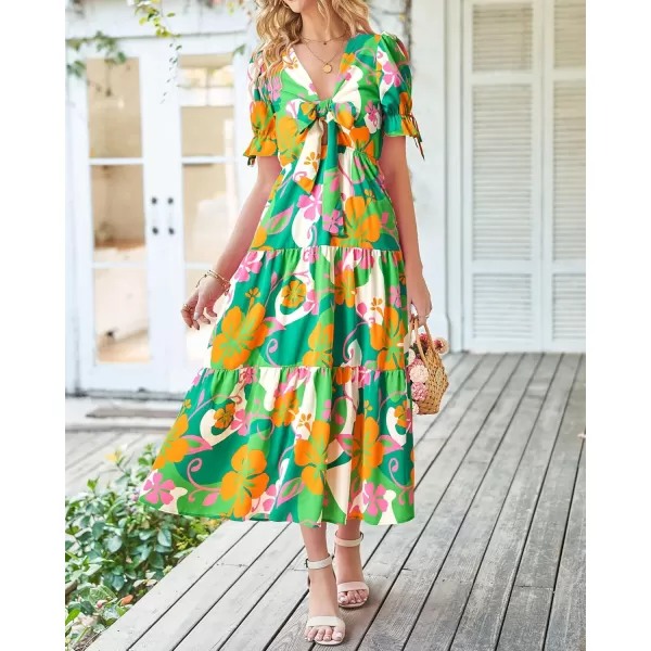 BTFBM Womens 2024 Summer Boho Dress Tie Front Deep V Neck Cutout Short Sleeve Floral Casual Party Beach Maxi DressesFloral Green