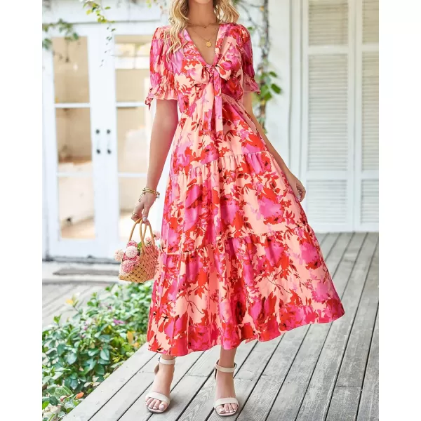 BTFBM Womens 2024 Summer Boho Dress Tie Front Deep V Neck Cutout Short Sleeve Floral Casual Party Beach Maxi DressesFloral Pink