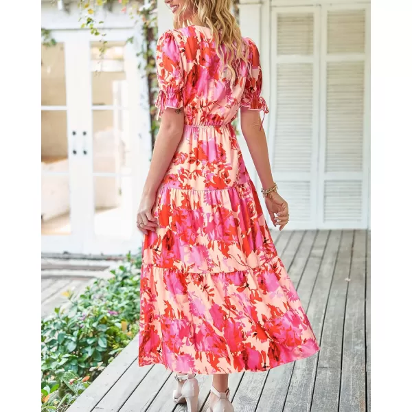 BTFBM Womens 2024 Summer Boho Dress Tie Front Deep V Neck Cutout Short Sleeve Floral Casual Party Beach Maxi DressesFloral Pink