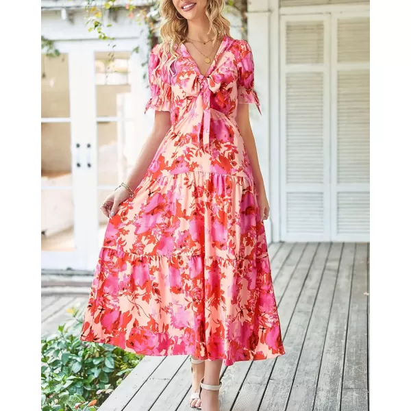 BTFBM Womens 2024 Summer Boho Dress Tie Front Deep V Neck Cutout Short Sleeve Floral Casual Party Beach Maxi DressesFloral Pink