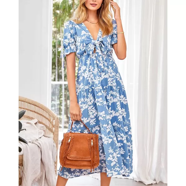 BTFBM Womens 2024 Summer Boho Dress Tie Front Deep V Neck Cutout Short Sleeve Floral Casual Party Beach Maxi DressesWhite Branch Blue