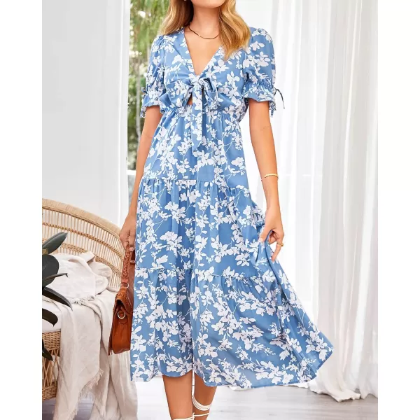 BTFBM Womens 2024 Summer Boho Dress Tie Front Deep V Neck Cutout Short Sleeve Floral Casual Party Beach Maxi DressesWhite Branch Blue