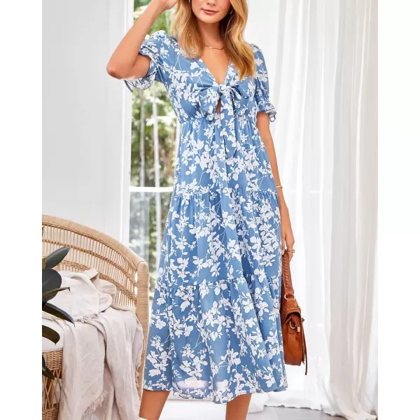 BTFBM Womens 2024 Summer Boho Dress Tie Front Deep V Neck Cutout Short Sleeve Floral Casual Party Beach Maxi DressesWhite Branch Blue