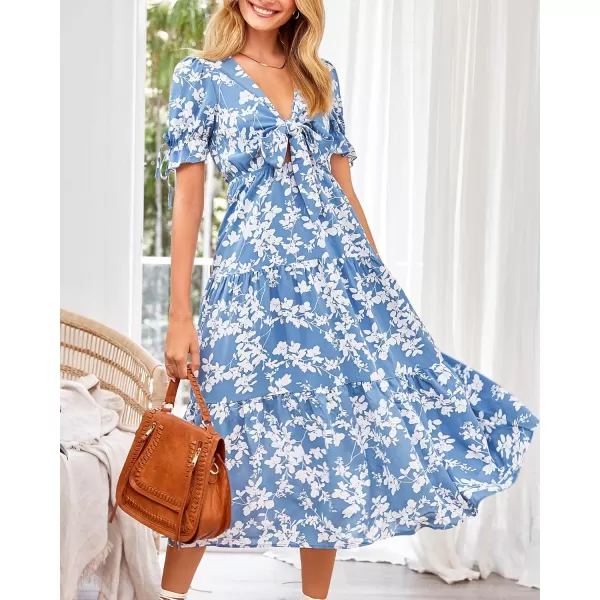 BTFBM Womens 2024 Summer Boho Dress Tie Front Deep V Neck Cutout Short Sleeve Floral Casual Party Beach Maxi DressesWhite Branch Blue