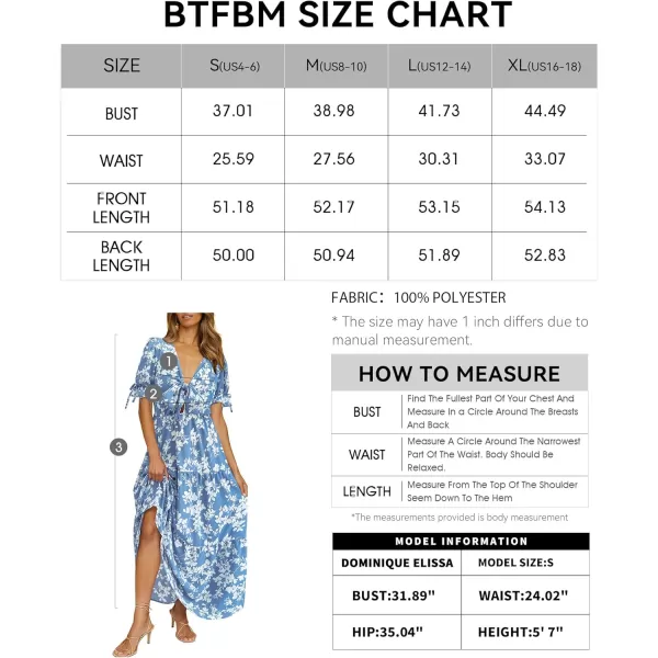 BTFBM Womens 2024 Summer Boho Dress Tie Front Deep V Neck Cutout Short Sleeve Floral Casual Party Beach Maxi DressesWhite Branch Blue