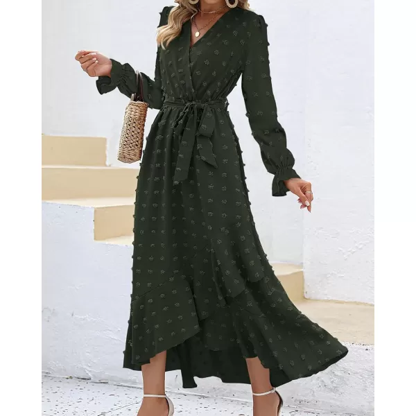 BTFBM Womens Boho Cocktail Maxi Dress 2024 Fall Fashion V Neck Swiss Dot Long Sleeve Flowy Slit Wedding Party DressesSwiss Dot Army Green