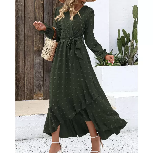 BTFBM Womens Boho Cocktail Maxi Dress 2024 Fall Fashion V Neck Swiss Dot Long Sleeve Flowy Slit Wedding Party DressesSwiss Dot Army Green