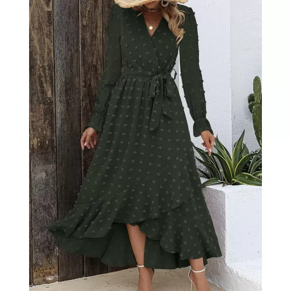 BTFBM Womens Boho Cocktail Maxi Dress 2024 Fall Fashion V Neck Swiss Dot Long Sleeve Flowy Slit Wedding Party DressesSwiss Dot Army Green
