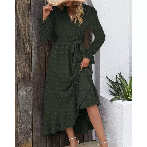 BTFBM Womens Boho Cocktail Maxi Dress 2024 Fall Fashion V Neck Swiss Dot Long Sleeve Flowy Slit Wedding Party DressesSwiss Dot Army Green