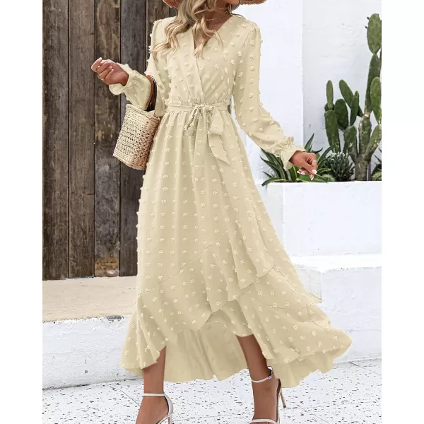 BTFBM Womens Boho Cocktail Maxi Dress 2024 Fall Fashion V Neck Swiss Dot Long Sleeve Flowy Slit Wedding Party DressesSwiss Dot Beige