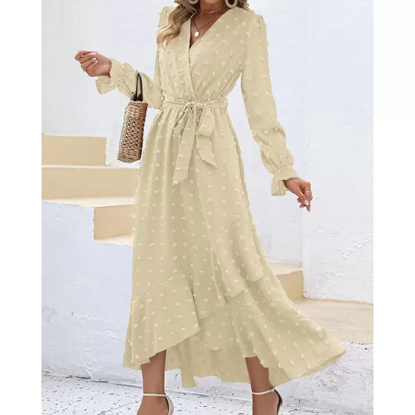 BTFBM Womens Boho Cocktail Maxi Dress 2024 Fall Fashion V Neck Swiss Dot Long Sleeve Flowy Slit Wedding Party DressesSwiss Dot Beige