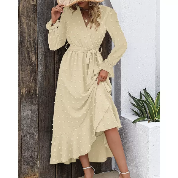 BTFBM Womens Boho Cocktail Maxi Dress 2024 Fall Fashion V Neck Swiss Dot Long Sleeve Flowy Slit Wedding Party DressesSwiss Dot Beige