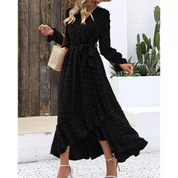 BTFBM Womens Boho Cocktail Maxi Dress 2024 Fall Fashion V Neck Swiss Dot Long Sleeve Flowy Slit Wedding Party DressesSwiss Dot Black