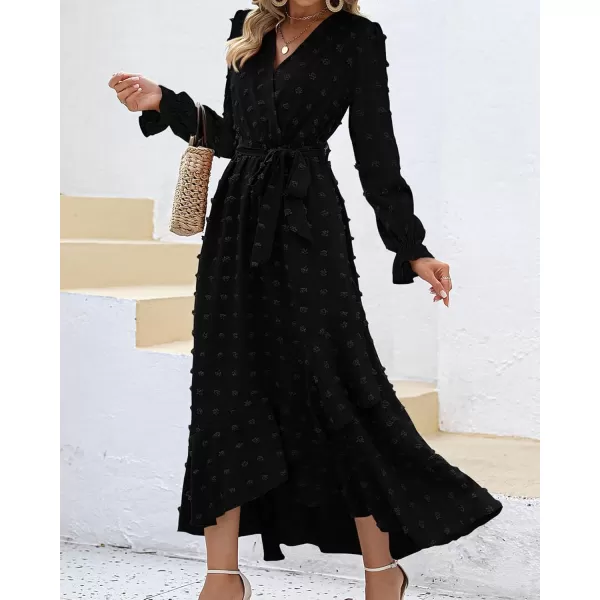 BTFBM Womens Boho Cocktail Maxi Dress 2024 Fall Fashion V Neck Swiss Dot Long Sleeve Flowy Slit Wedding Party DressesSwiss Dot Black