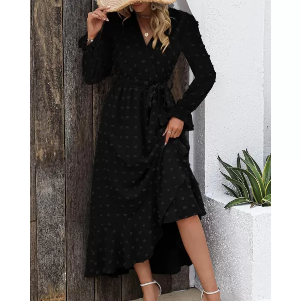 BTFBM Womens Boho Cocktail Maxi Dress 2024 Fall Fashion V Neck Swiss Dot Long Sleeve Flowy Slit Wedding Party DressesSwiss Dot Black
