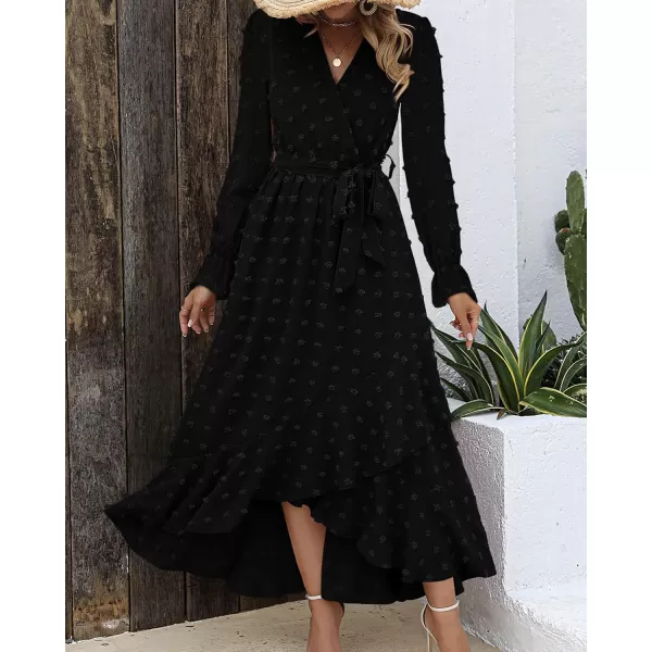 BTFBM Womens Boho Cocktail Maxi Dress 2024 Fall Fashion V Neck Swiss Dot Long Sleeve Flowy Slit Wedding Party DressesSwiss Dot Black