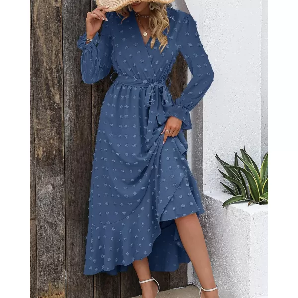 BTFBM Womens Boho Cocktail Maxi Dress 2024 Fall Fashion V Neck Swiss Dot Long Sleeve Flowy Slit Wedding Party DressesSwiss Dot Blue