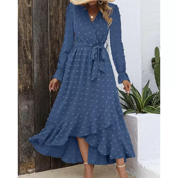 BTFBM Womens Boho Cocktail Maxi Dress 2024 Fall Fashion V Neck Swiss Dot Long Sleeve Flowy Slit Wedding Party DressesSwiss Dot Blue