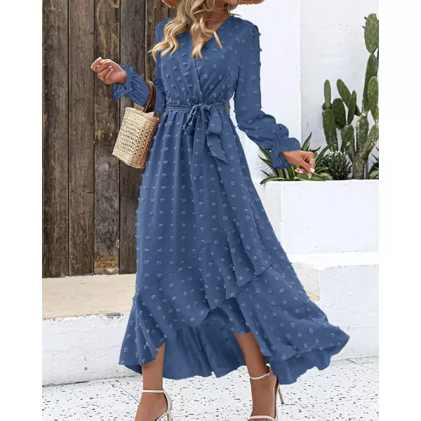 BTFBM Womens Boho Cocktail Maxi Dress 2024 Fall Fashion V Neck Swiss Dot Long Sleeve Flowy Slit Wedding Party DressesSwiss Dot Blue