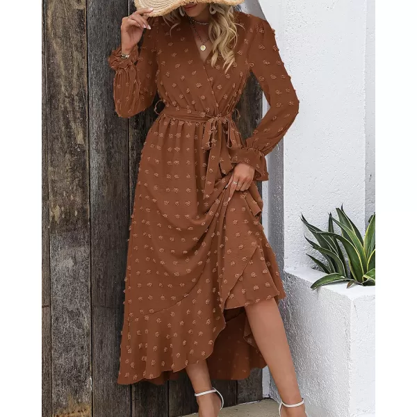 BTFBM Womens Boho Cocktail Maxi Dress 2024 Fall Fashion V Neck Swiss Dot Long Sleeve Flowy Slit Wedding Party DressesSwiss Dot Brown