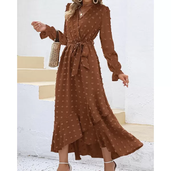 BTFBM Womens Boho Cocktail Maxi Dress 2024 Fall Fashion V Neck Swiss Dot Long Sleeve Flowy Slit Wedding Party DressesSwiss Dot Brown