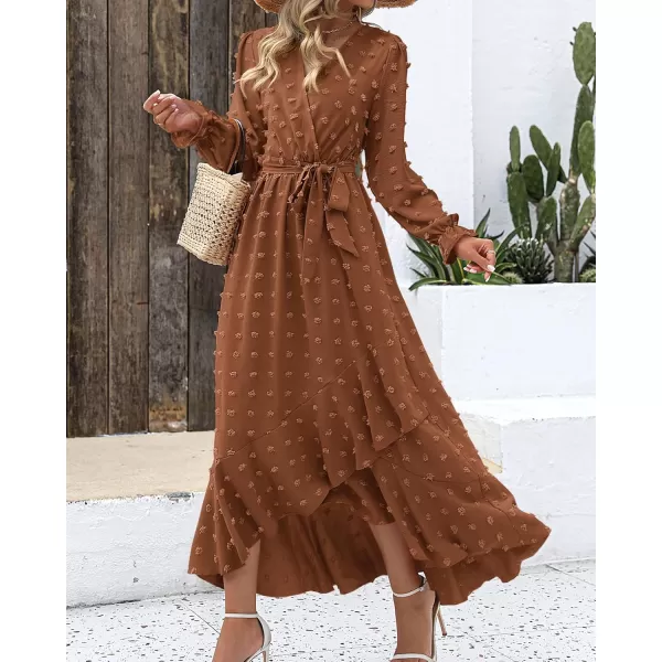 BTFBM Womens Boho Cocktail Maxi Dress 2024 Fall Fashion V Neck Swiss Dot Long Sleeve Flowy Slit Wedding Party DressesSwiss Dot Brown