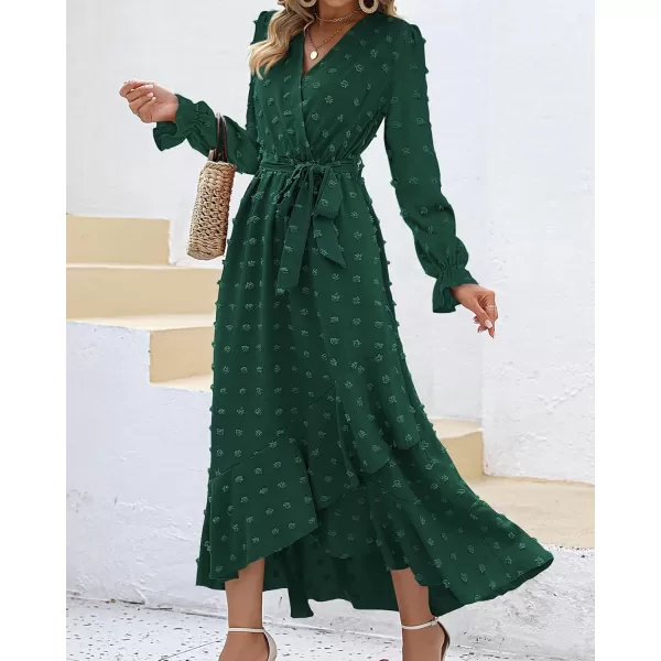 BTFBM Womens Boho Cocktail Maxi Dress 2024 Fall Fashion V Neck Swiss Dot Long Sleeve Flowy Slit Wedding Party DressesSwiss Dot Dark Green